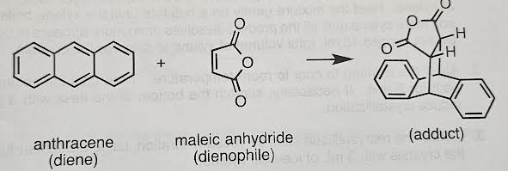 <p>anthracene. maleic acid, and xylene were refluxed for 30 minutes. The xylene wont boil until 140 celcius so it will provide good reaction temperature. The precipitate was obtained by cooling the mixture in ice bath. The xylene will not freeze and will keep the solutes dissolved so only the adduct will crystallize. Then the adduct was filtered out and recrystallized with xylene. </p>