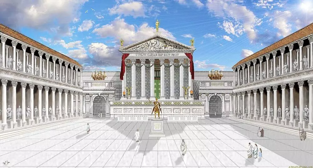 <ul><li><p>inspired by the old Forum in shape and length</p></li><li><p>approx. 115m × 45m </p></li><li><p>double colonades on three sides</p></li><li><p>axial design</p></li><li><p>offices/shops on the side</p></li><li><p>reconstruction of the curia to be closer to the forum (where Senate met)</p></li><li><p>Temple of Venus Genetrix</p></li></ul><p></p>