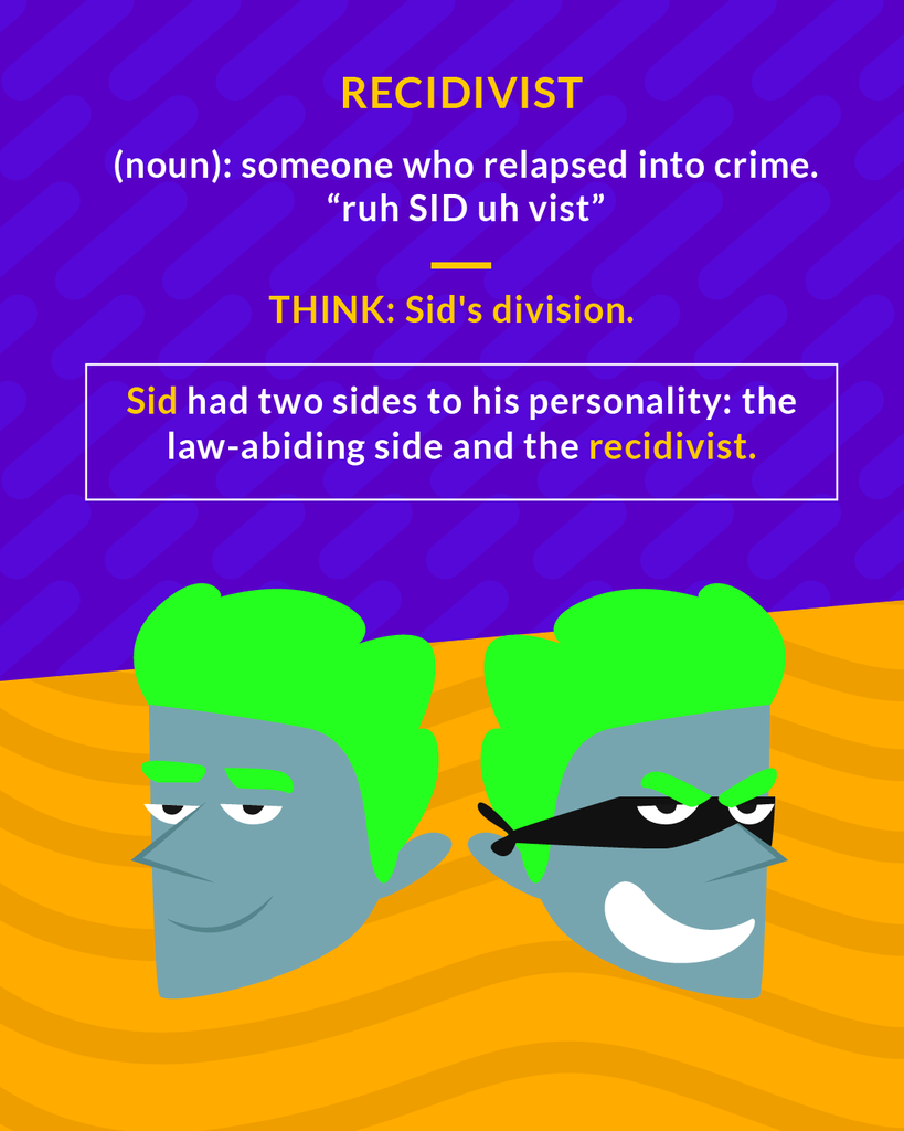 <p>(noun) one who returns to criminal habits</p><p>Mnemonic: "returns" to crime again and again.</p>