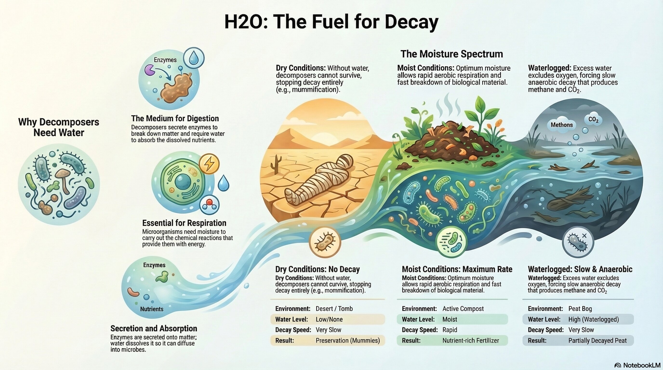 <p>Describe how water affects the rate of decay of biological material.</p>