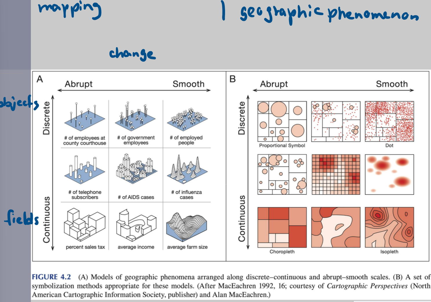 <p>Discrete:</p><ul><li><p>empty space with discrete features/objects</p></li><li><p>buildings</p></li><li><p>people</p></li><li><p>streets</p></li></ul><p>Continuous:</p><ul><li><p>Fields on which values can be measured anywhere</p></li><li><p>earth surface</p></li><li><p>water bodies</p></li><li><p>ecozones</p></li></ul><p></p>