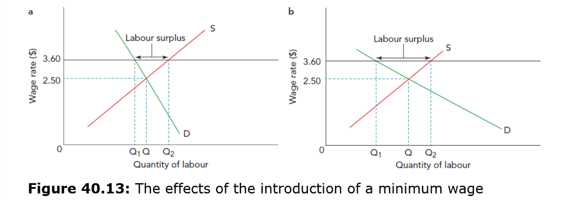 <p>A minimum wage above equilibrium creates an excess supply of labour; the higher the minimum wage rate above the competitive equilibrium, the greater the excess supply of labour willing to work at the minimum wage.</p>