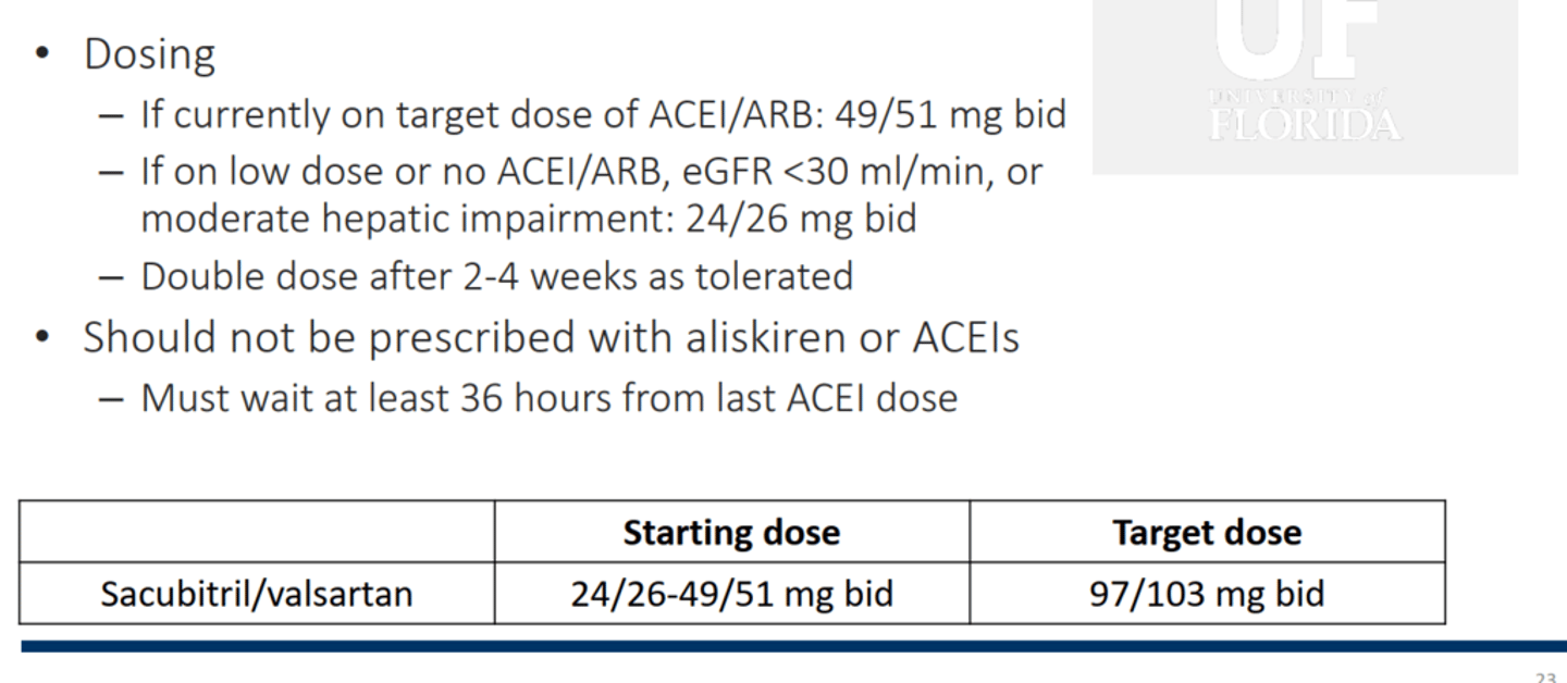 <p>• Recommend in patients with Stage C</p><p>– NYHA FC II-III patients to reduce morbidity and</p><p>mortality</p><p>– Patients already on ACEIs or ARBs should be</p><p>switched to ARNIs</p><p>• Dosing</p><p>– If currently on target dose of ACEI/ARB: 49/51 mg bid</p><p>– If on low dose or no ACEI/ARB, eGFR <30 ml/min, or moderate hepatic impairment: 24/26 mg bid</p><p>– Double dose after 2-4 weeks as tolerated</p><p>• Potential adverse effects include:</p><p>– Hypotension</p><p>– Hyperkalemia</p><p>• Do not give if K+ ≥ 5.2</p><p>– Renal insufficiency</p><p>• Use in caution if GFR <30ml/min</p><p>– Angioedema</p><p>• Avoid in patients with history of angioedema</p><p>• Monitoring</p><p>– K+ and SCr 2 weeks after initiation or dose titration,</p><p>then every 4-6 months</p><p>– BP</p>