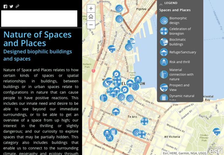 <p>Spatial categories for all the biophilic elements in the city: green roofs, street trees, gardens (community), etc.</p><p>Standard mapping nature activities: clubs or groups, natural history celebration, outdoor cafes, prospect and refuge, refuge, biomorphic design</p><p>Map has been retired since 2022</p>