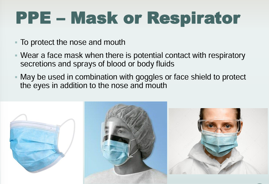 <ul><li><p>To protect the nose and mouth</p></li><li><p>Wear a face mask when there is potential contact with RESPIRATORY secretions and sprays of blood or body fluids</p></li><li><p>May be in combination with goggles or face shield to protect the eyes in addition to the nose and mouth</p></li></ul><p></p>