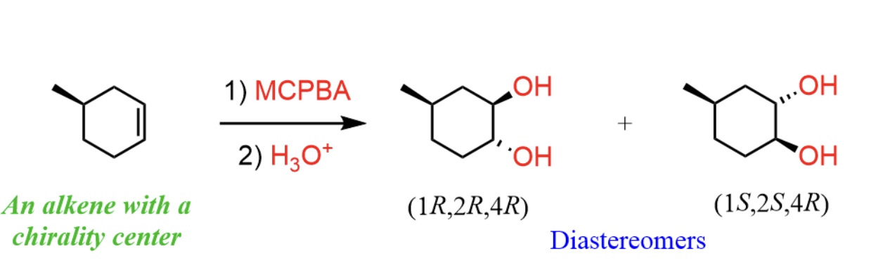 <p>mcPBA breaks the double bond and forms a single bond. both the carbons are then bonded to the O. </p><p>H3O+ is then executed in anti-markovnikov fashion and adds trans OH to each carbon (wedged OH on one, dashed OH on the other)</p>
