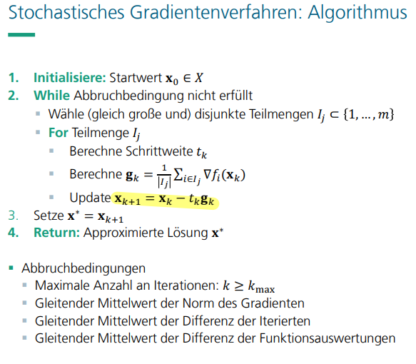 <p>Erweiterung von Gradientenverfahren um stochastische Auswahl von Teil des Gradienten der nach Schrittweite berechnet wird</p><p>Updateschritt wird mit zufälligem Teil des Gradienten berechnet</p><p>sorgt für weniger Anfälligkeit in lokalem Minimum zu landen</p>