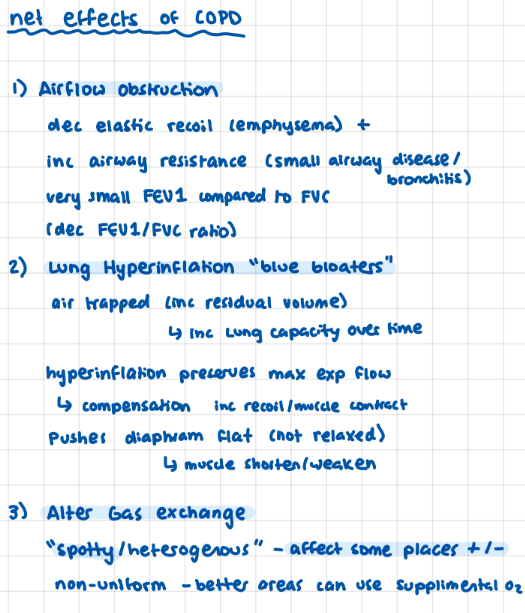 <p>1) airflow obstruction</p><p>2) lung hyperinflation “blue bloaters”</p><p>3) altered gas exchange</p>