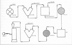 <p>process in which a liquid (hydroalcoholic) is added to the powder with agitation to produce agglomeration or granules when dried which are sieved and compressed into a tablet</p>