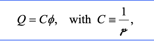 <p>Cursive p = proportionality constant which depends on the conductor’s size and shape and is often called the reciprocal capacitance </p>