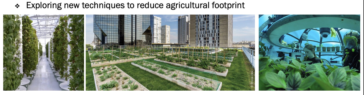 <ul><li><p>manage agricultural landscapes through NbS to reduce GHG pollution while ensuring current and future food security</p></li><li><p>Growing crops in innovative ways to improve sustainability and reduce agricultural footprint</p><ul><li><p><span style="background-color: inherit; line-height: 19.55px; color: windowtext;">Zoo: new ways to shrink footprint to grow food </span><span style="line-height: 19.55px; color: windowtext;"> </span></p><ul><li><p class="Paragraph SCXO231287073 BCX0" style="text-align: left;"><span style="background-color: inherit; line-height: 19.55px; color: windowtext;">Vertically</span><span style="line-height: 19.55px; color: windowtext;"> </span></p></li><li><p class="Paragraph SCXO231287073 BCX0" style="text-align: left;"><span style="background-color: inherit; line-height: 19.55px; color: windowtext;">In the ocean (off cont shelf)</span><span style="line-height: 19.55px; color: windowtext;"> </span></p></li></ul></li></ul></li></ul><p></p>