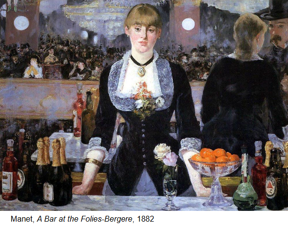<p><strong>Identification:</strong></p><ul><li><p>Artist: Manet</p></li><li><p>Title: <em>A Bar at the Folies-Bergère</em></p></li><li><p>Date: 1882</p></li><li><p>Movement: Realism / Early Modernism</p></li></ul><p><strong>Historical Context:</strong></p><ul><li><p>The painting is set in a popular Parisian entertainment venue that combined a bar, theater, and social gathering space.</p></li><li><p>It reflects modern urban life, where people gathered to drink, socialize, and watch performances.</p></li><li><p>Women working in these environments were often expected to flirt with customers and were sometimes associated with prostitution.</p></li><li><p>The scene captures the social dynamics and consumer culture of late 19th-century Paris</p></li></ul><p><strong>Style:</strong></p><ul><li><p>The composition includes a large mirror behind the barmaid, which creates confusion about space and perspective.</p></li><li><p>The reflection does not perfectly align with what we see, making the scene feel slightly off and difficult to read.</p></li><li><p>The viewer’s position is unclear, as we seem to stand where the customer would be.</p></li><li><p>The brushwork is loose, helping the painting feel like a quick, observed moment rather than a staged scene.</p></li></ul><p><strong>Themes:</strong></p><ul><li><p>The painting explores <strong>modern social interactions</strong>, especially between men and women in public spaces.</p></li><li><p>The barmaid appears tired and emotionally distant, even though she is surrounded by activity.</p></li><li><p>Her direct gaze suggests awareness of being watched, while her expression feels indifferent or detached.</p></li><li><p>The interaction with the male customer (seen in the mirror) suggests a moment of service mixed with possible flirtation.</p></li><li><p>The work reflects the <strong>commodification of women</strong>, as she is not only selling drinks but also presenting herself as part of the experience.</p></li><li><p>The painting highlights a sense of <strong>disconnection</strong>, where people are physically close but emotionally distant.</p></li><li><p>The mirror creates ambiguity, making it unclear how people relate to each other and emphasizing the complexity of modern life.</p></li></ul><p></p><ul><li><p>The mirror creates confusion, as the reflection does not align perfectly with the figure in front of us.</p></li><li><p>This makes it unclear whether we are seeing a true reflection or a separate scene.</p></li><li><p>The male figure in the reflection may represent the viewer, placing us in the role of the customer.</p></li><li><p>This ambiguity makes the viewer part of the interaction while also creating uncertainty about what is actually happening.</p></li></ul><p></p>