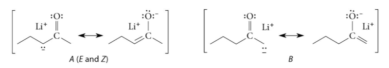 <p>two different enolates, kinetic enolate B and thermodynamic enolate A</p>