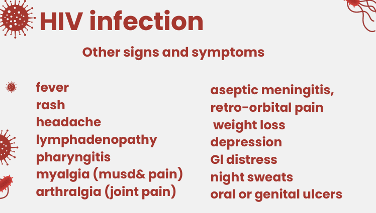 <ul><li><p>Acute HIV Infection (i.e infection with "the AIDS virus") Signs and symptoms usually occurs within several weeks to several months after infection.</p></li><li><p> Initial symptoms - acute, self-limited mononucleosis-like Illness lasting 1 or 2 weeks.</p></li><li><p>Acute HIV Infection is often undiagnosed or misdiagnosed </p></li><li><p>Without appropriate anti-HIV treatment, approximately 90% of HIV-Infected individuals ultimately develop AIDS</p></li></ul><p></p>