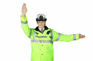 <p><span>What does this signal from a police officer mean to oncoming traffic?</span></p>