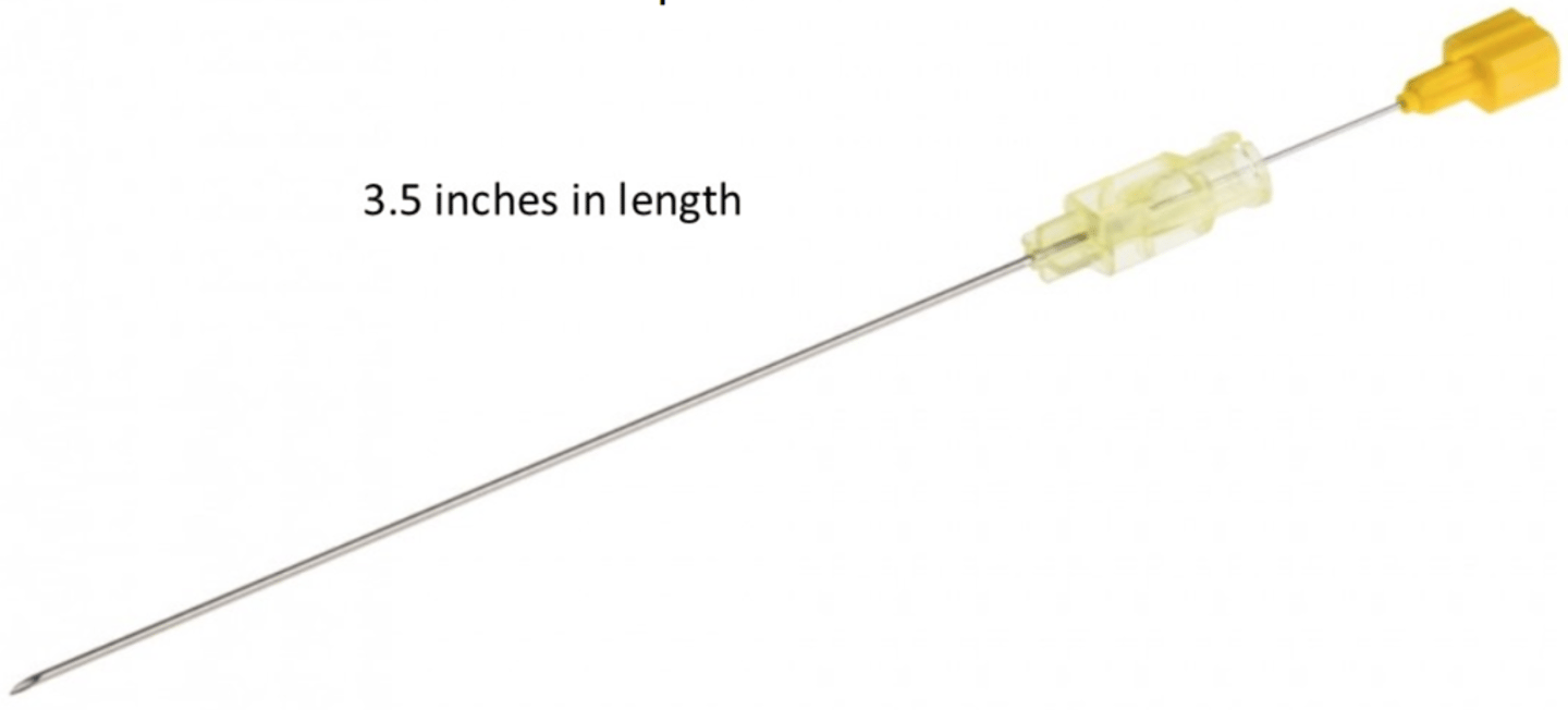<p>-need to be exceptionally long, sharp and thin, if too dull can cause tearing in these areas and can be devastating to the patient</p><p>- 3 to 4in long</p><p>-anesthetic agents</p><p>-marker during spinal surgery to identify disc level</p>