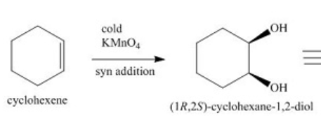 <p>2 OH groups added across double bond<br>syn addition</p>