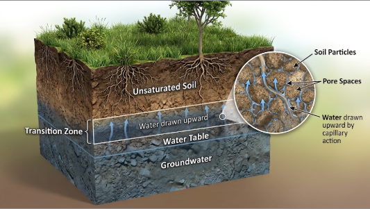<p>What is the term/concept being visualized in this image? </p><p>Definition: A thin transition band directly above the water table where water is drawn upward against gravity by surface tension.</p>