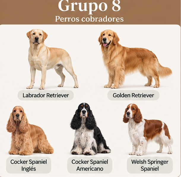 <p>Perros cobradores</p><ul><li><p>Labrador Retriever </p></li><li><p>Golden Retriever </p></li><li><p>Cocker Spaniel Inglés</p></li><li><p>Cocker Spaniel Americano</p></li><li><p>Welsh springer spaniel</p></li></ul><p></p>