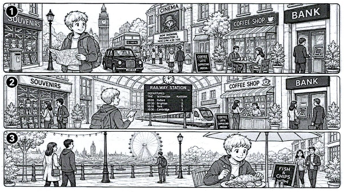 <p>Hint: The boy, Michael, went to the city center.</p><p><strong>Viết câu cho hình 3.</strong></p>