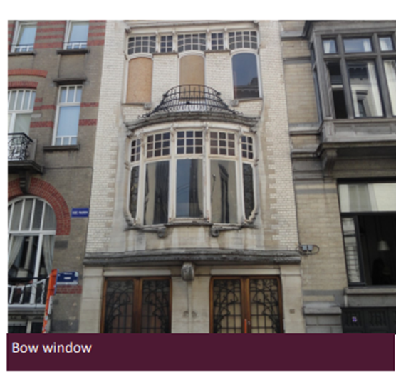 <p><strong>1. Bow-window</strong></p><p class="MsoNormal"><strong>fenêtre en avancée arrondie</strong></p><p class="MsoNormal">Elle sort de la façade vers l’extérieur.</p><p class="MsoNormal">Souvent :</p><ul><li><p>sur plusieurs fenêtres réunies</p></li><li><p>avec forme arrondie ou polygonale</p></li></ul><p></p>