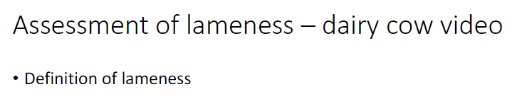 <p> Reduced <strong>mobility</strong> or <strong>impaired gait</strong> in animals<br> Often caused by <strong>pain</strong>, <strong>injury</strong>, or <strong>integument alterations</strong></p>