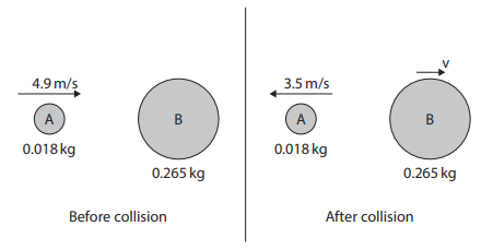 <p>Describe how the force applied on ball A compares with the force applied on ball B during the collision. (2)</p>
