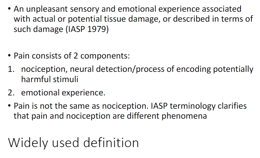 <p><strong>Pain</strong><br> An <strong>unpleasant sensory and emotional experience</strong> associated with actual or potential <strong>tissue damage</strong>, or described in terms of such damage</p><p><strong>Components</strong><br> <strong>1. Nociception</strong> – neural detection and processing of potentially harmful stimuli<br> <strong>2. Emotional experience</strong> – the subjective feeling of discomfort or suffering</p>