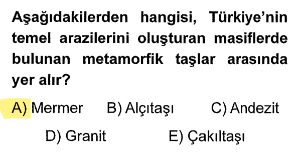 <p>Metamorfizma, taşların yüksek sıcaklık ve basınç altında değişmesidir. Kalkerin (kireç taşı) başkalaşmasıyla <strong>Mermer</strong> oluşur. Masif araziler yaşlı ve sert olduğu için bu tip taşlara sık rastlanır.</p>