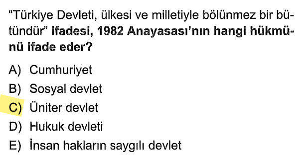 <p>Devletin ülkesi ve milletiyle parçalanamaz bir bütün olduğunu anlatan yapıya üniter devlet denir.</p>