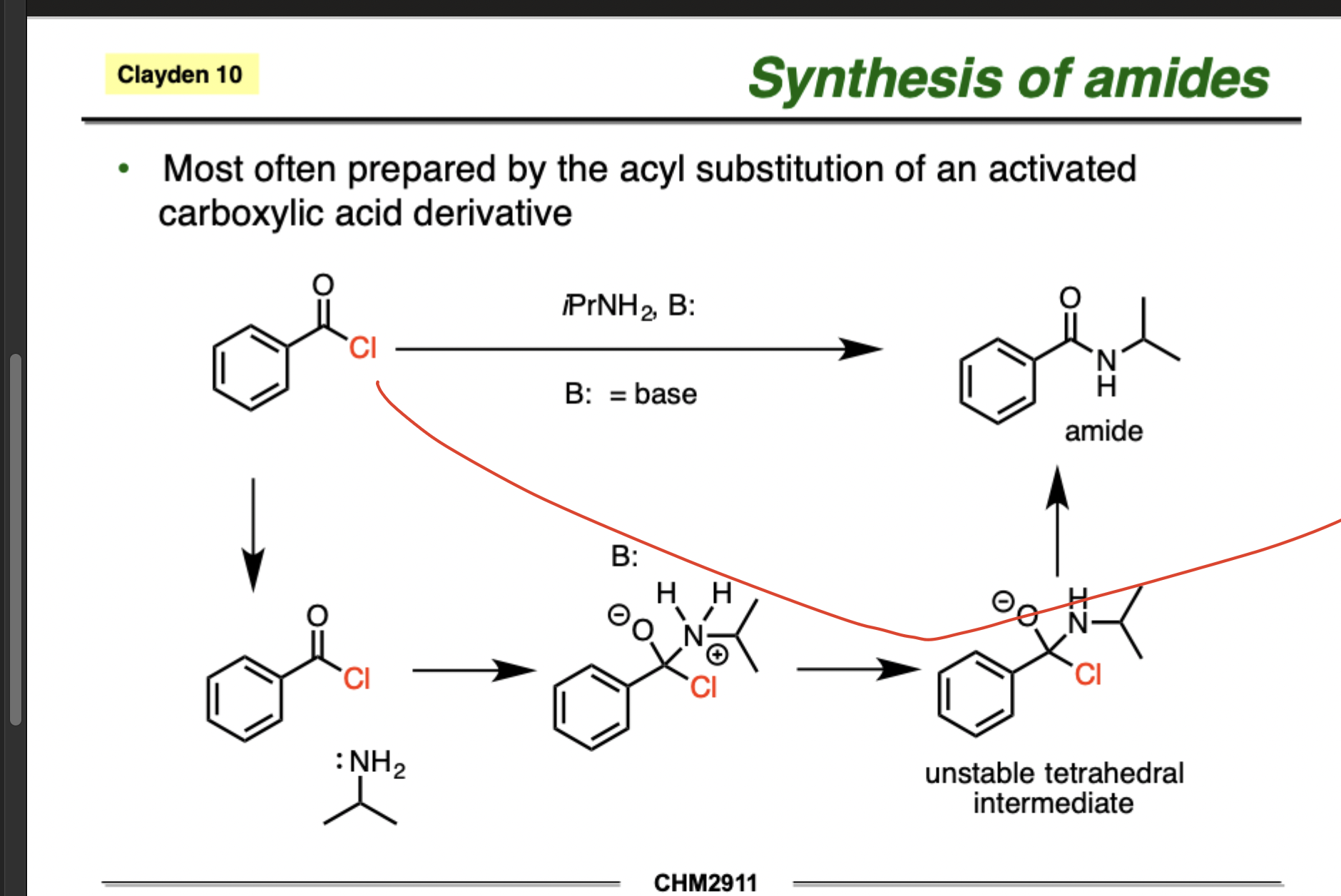 <p>(Acid → Amine)</p><p>Reagants: Amine with r group, base (Pr), H3o+</p><p></p><ol><li><p>Nucleophilic attack</p></li><li><p>Tetrahedral Intermediate</p></li><li><p>Proton transfer (O- → OH) (NH2-R) → (NH-R) → <strong>Applicable if good leaving group isn’t there.</strong></p></li><li><p>Turn OH into leaving group using hydronium (Iminum ion forms) → <strong>Applicable if good leaving group isn’t there.</strong></p></li><li><p>Base (Et3N) attacks and takes away H</p></li><li><p>Amide forms (+H2O)</p></li></ol><p></p>