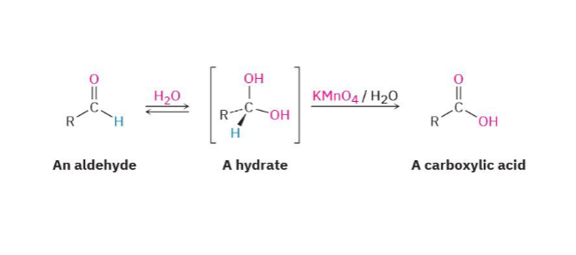 <p>Aldehydes oxidize easily, and become carboxylic acids</p><p>Reagents: </p><ul><li><p>KMnO4</p></li><li><p>CrO3/H +</p></li><li><p>Na2Cr2O7/ H +</p></li></ul><p>(PCC and Dess-Martin do not make carboxylic acids, they stop at aldehyde.)</p>