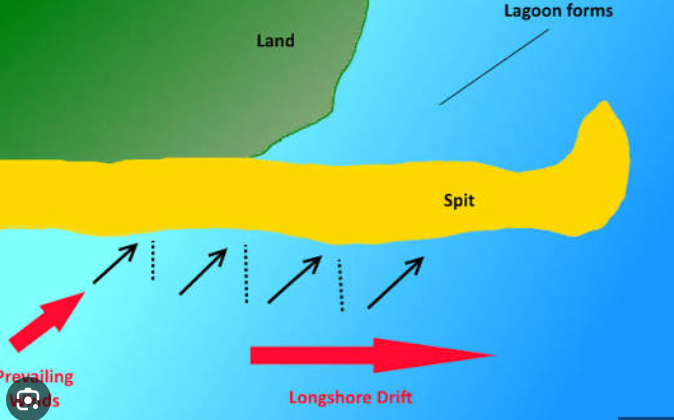 <p><mark>a narrow, extended ridge of sand or shingle that projects from the mainland into a body of water</mark></p>