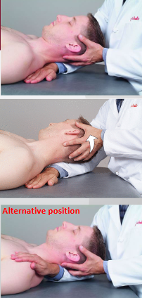 <ul><li><p>bilateral (FB) → cross arms under head + palms on shoulders, flex neck</p></li><li><p>unilateral (FB, SB, R) → flex head w/ one hand, slide 2nd hand over opp. shoulder, rotate head along forearm to elbow until tension felt</p></li></ul><p></p>