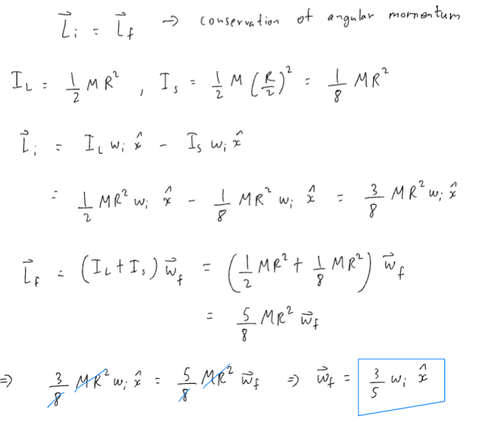 <p>conservation of angular momentum and L = Iw</p>