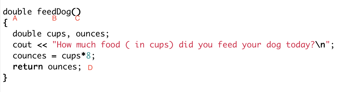 <p>which letter corresponds to the parameter list</p>