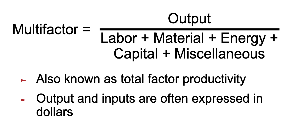 <p>Indicates the ratio of goods and services produced (outputs) to many or all resources (inputs)</p><ul><li><p>Also known as <em>total factor productivity</em></p></li><li><p>Output and inputs are often expressed in dollars $</p></li></ul><p></p>