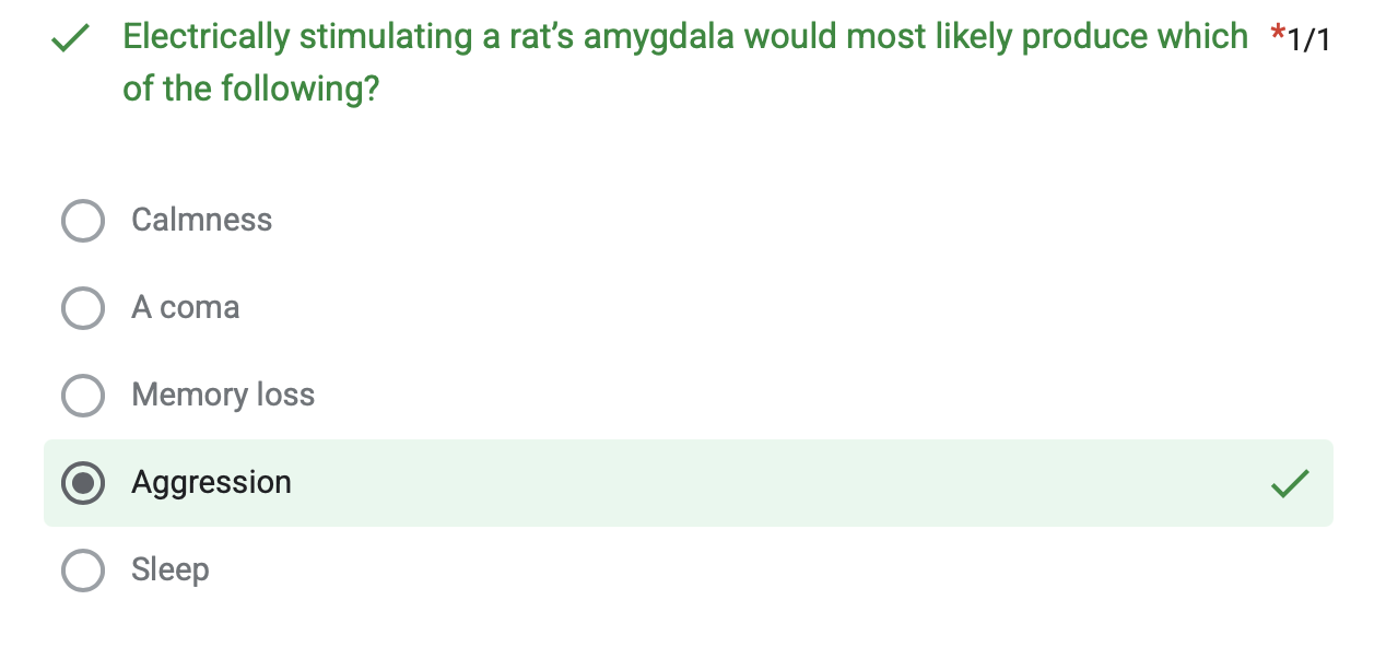 <p><span style="line-height: 1.5;">Electrically stimulating a rat’s amygdala would most likely produce which of the following?</span></p>