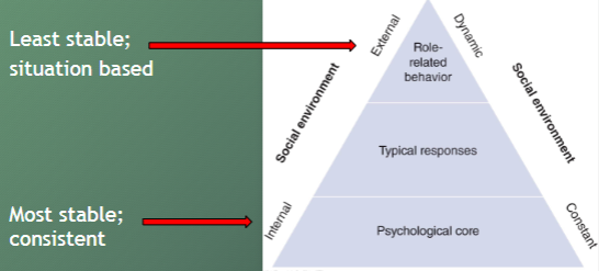 <ul><li><p>Psychological Core → the most basic and deepest attitudes, values, interests, and motives of a person</p><ul><li><p>ex: religious values, etc. </p></li></ul></li><li><p>Typical Responses → the way one typically responds to the environment</p><ul><li><p>ex: happy-go-lucky, shy, etc.</p></li></ul></li><li><p>Role-Related Behavior → how one acts in a particular social situation</p><ul><li><p>ex: student, parent, manager of store, etc. </p></li></ul></li></ul><p></p>