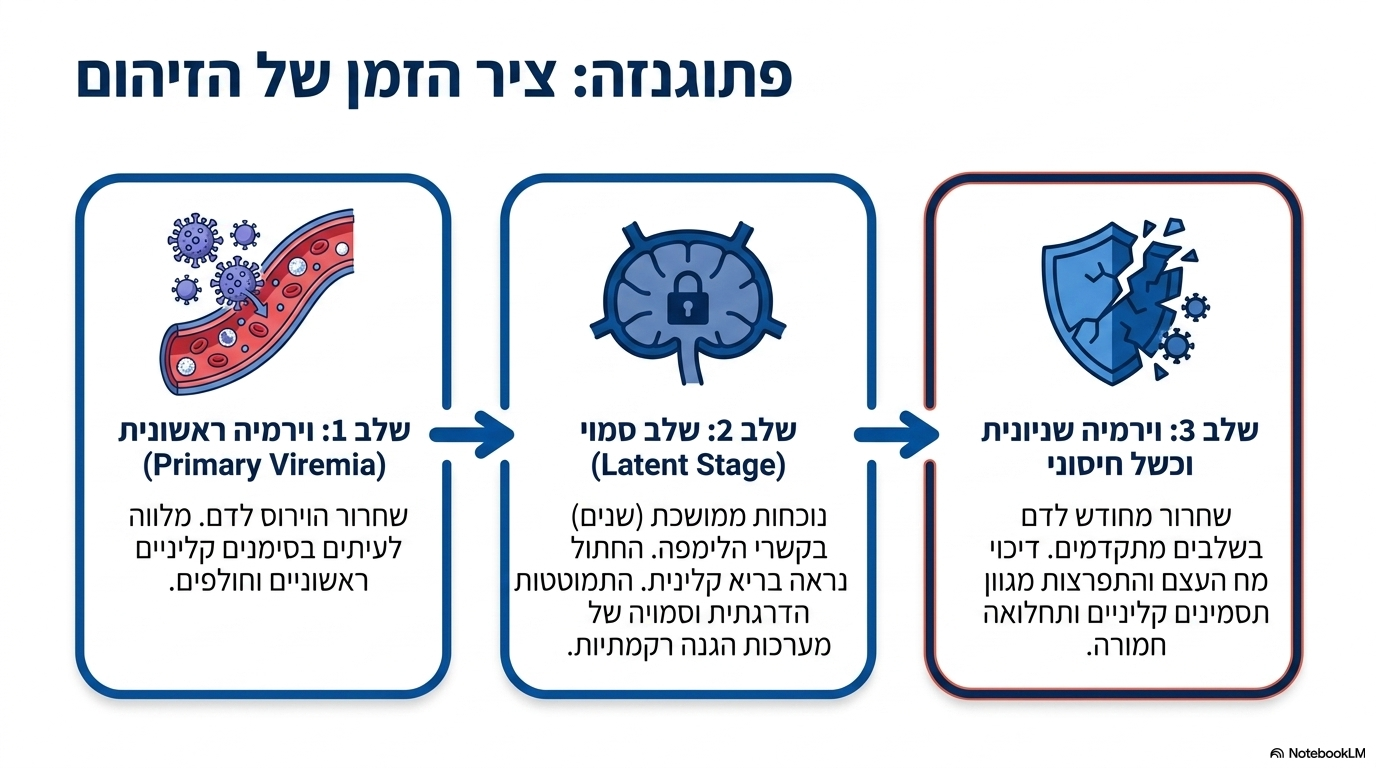 <ul><li><p><strong>הכשל החיסוני:</strong> מתבטא ב<strong>דיכוי של מח העצם</strong> ובהתמוטטות מלאה של מערכות ההגנה ברקמות.</p></li><li><p><strong>מהלך הווירמיה:</strong> קיימת וירמיה ראשונית המלווה בסימנים קליניים, לאחר מכן נוכחות ממושכת ושקטה בתוך קשרי הלימפה, ולבסוף מופיעה שוב וירמיה פעילה בשלבים המתקדמים.</p></li></ul><p></p>