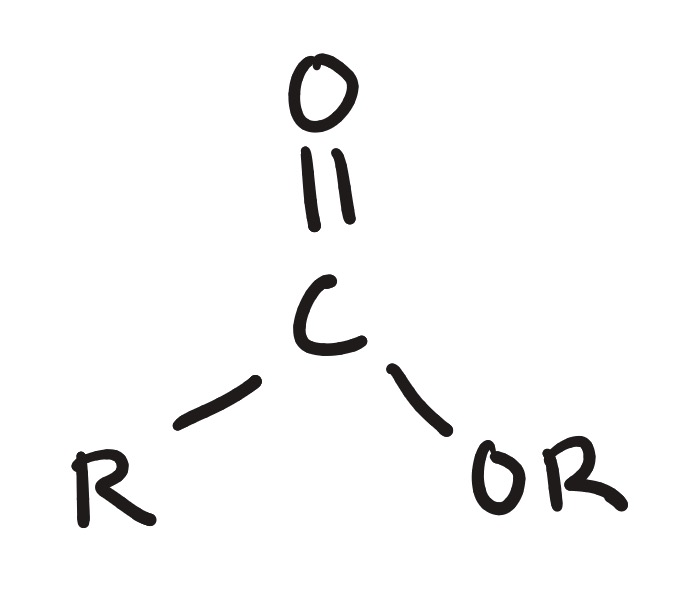 <p>One double bond C=O, attached to two sites with OR and R</p>
