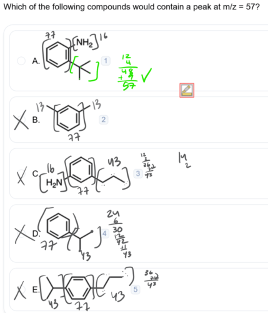 <p>notice if there is a weaker C-C bond that seems prone to breaking off - if heres basically a full functional grp of that particular m/z</p>