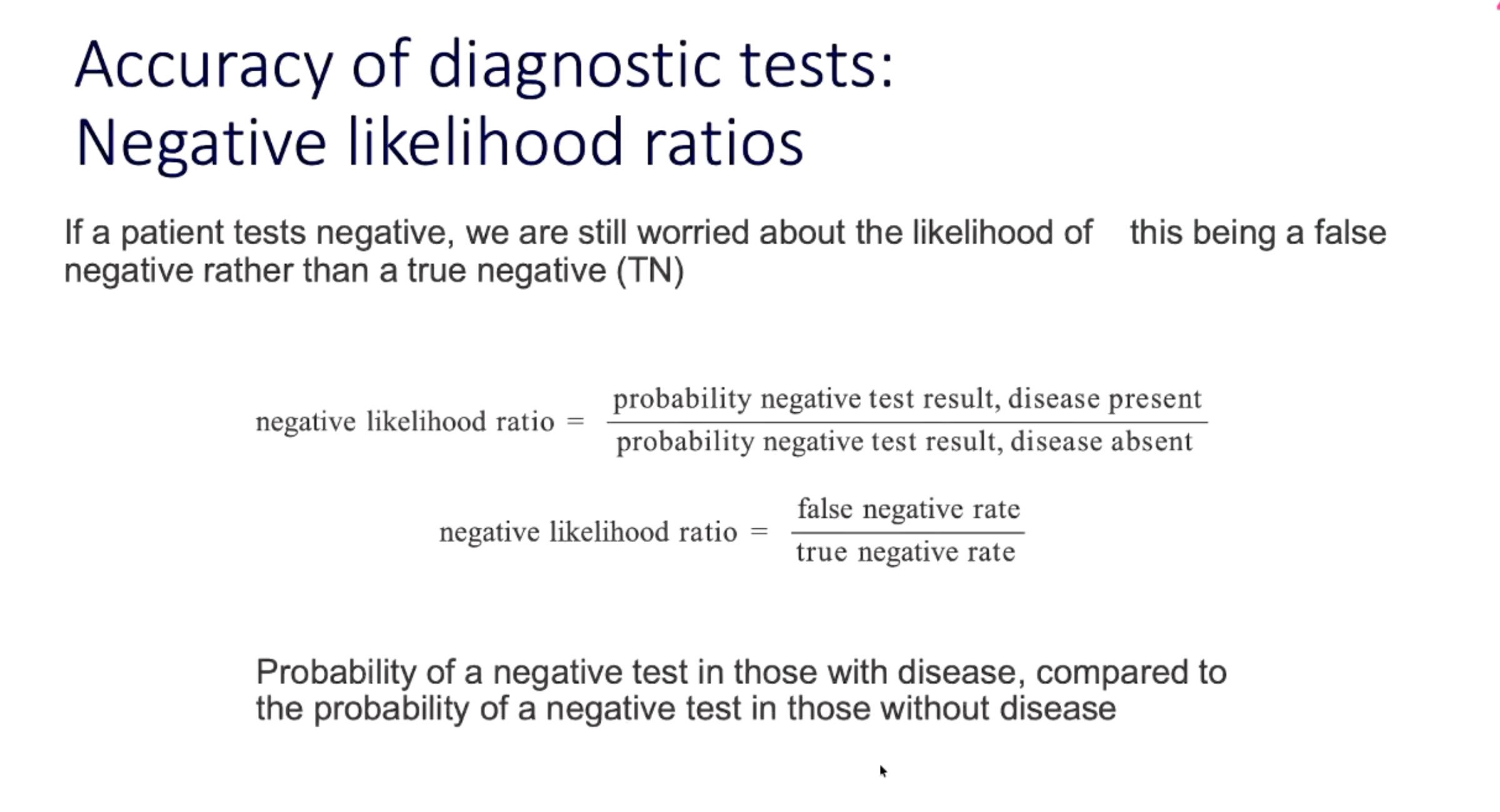 <p>What is the negative likelihood ratio (LR−), and what is its formula?</p>