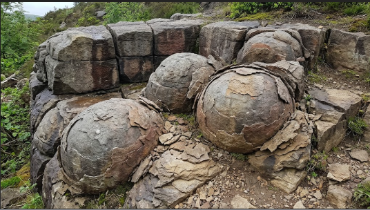 <p>What term/concept is being visualized in this image?</p><p>Definition: A type of chemical weathering where water attacks jointed rock blocks from all sides, rounding off the sharp corners and transforming rectangular blocks into spherical boulders.</p>