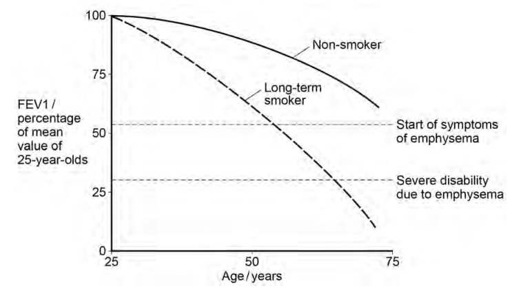 <p>Forced expiration volume (FEV1) is the volume of air a person can breathe out in 1 second.</p><p>Emphysema is a lung disease which results in a reduction in FEV1.                                 Emphysema is mainly caused by long-term cigarette smoking.</p><p>Scientists investigated the effects of ageing and long-term cigarette smoking on FEV1 and on the development of emphysema.</p><p>Figure 7 shows their results. </p><p>Scientists determined the mean FEV1 value of 25-year-olds in the population. Suggest <strong>two </strong>precautions that should have been taken to ensure that this mean FEV1 value was reliable.(2) </p>
