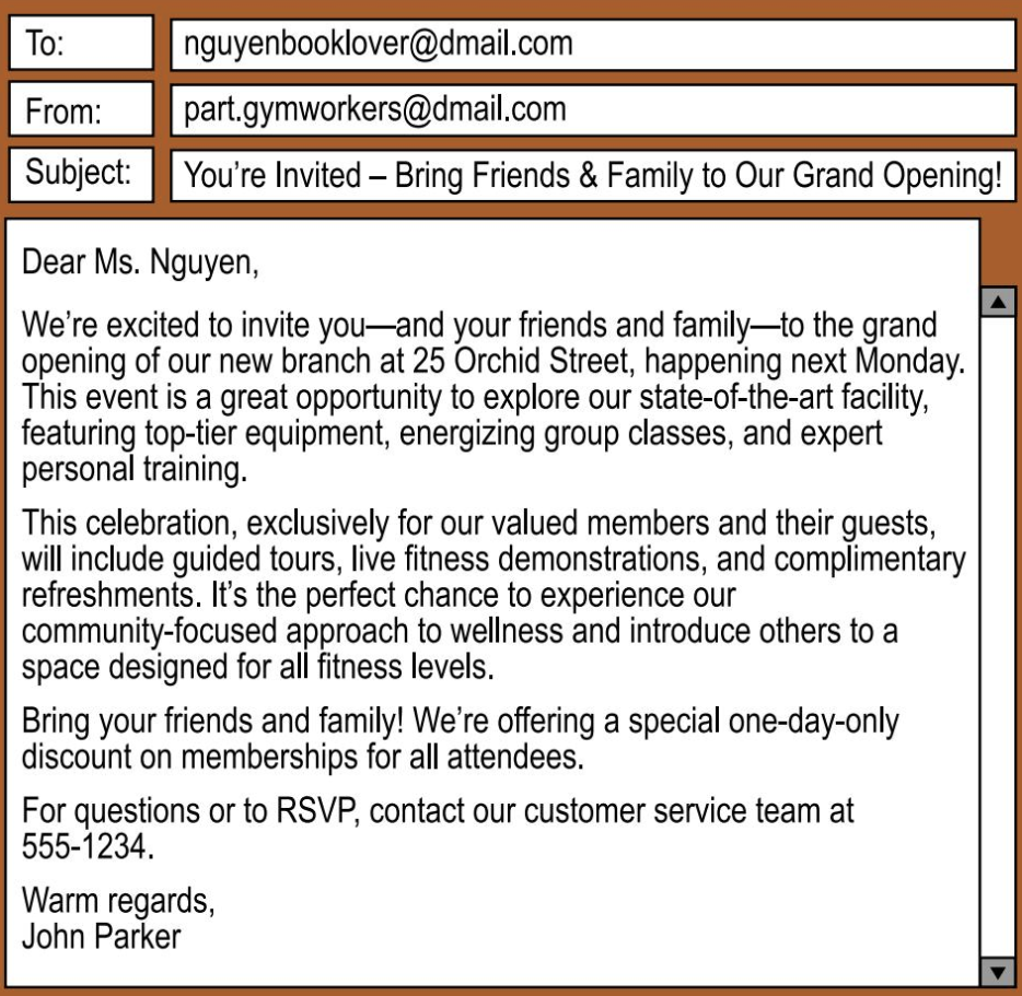 <p><span>What can be inferred about Ms. Nguyen’s relationship with the fitness center?</span></p>