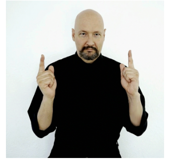 <p>ball both fists except pointer fingers stay up. Face hands inward and bring them together with thumb nails touching</p>