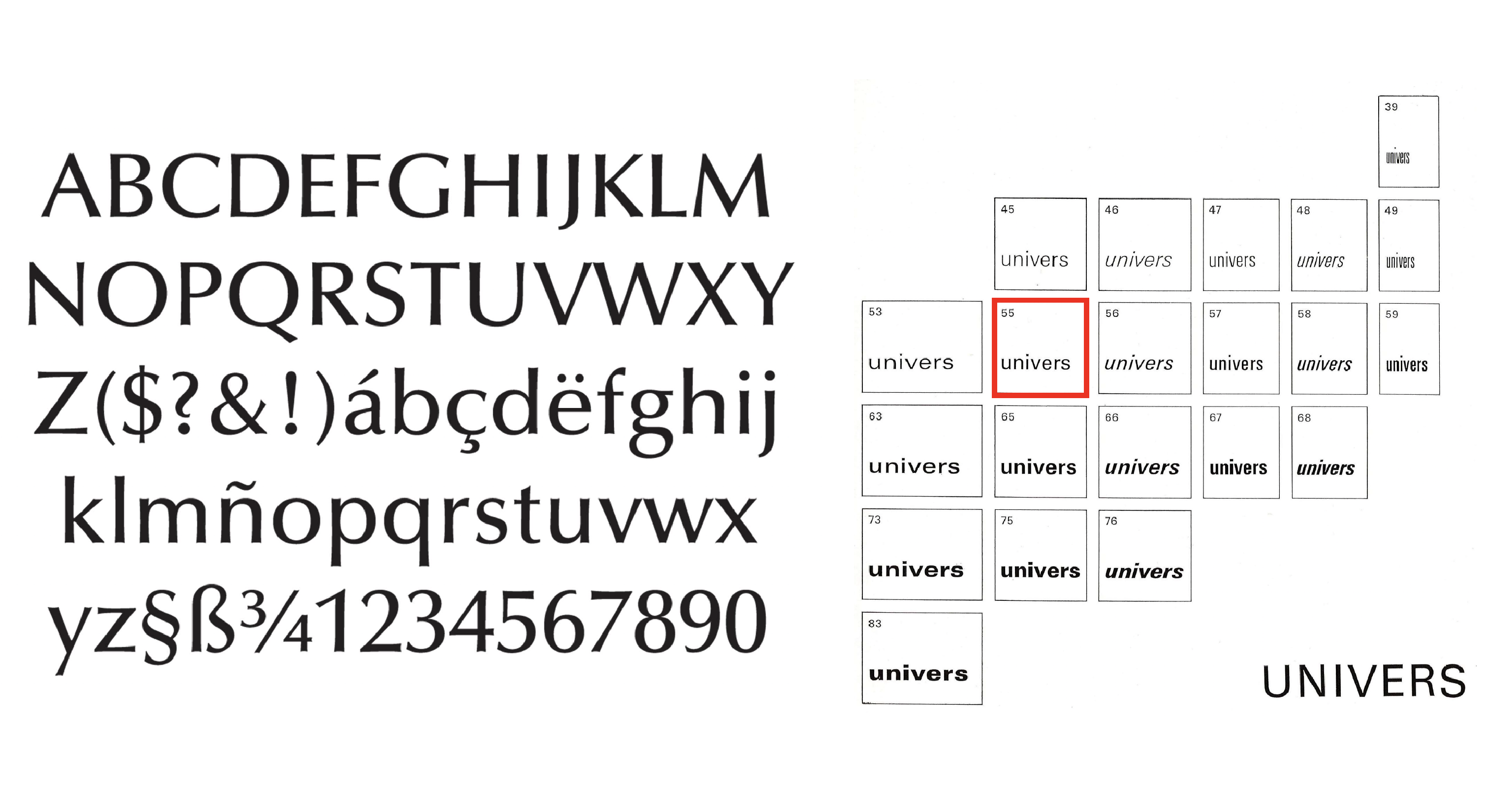 <p>Univers by Adrian Frutiger is a clean, highly organized sans-serif with many weights, designed for clarity and a structured, modern look. Optima by Hermann Zapf, while also without serifs, has softer, more elegant strokes that make it feel more human and less rigid.</p>