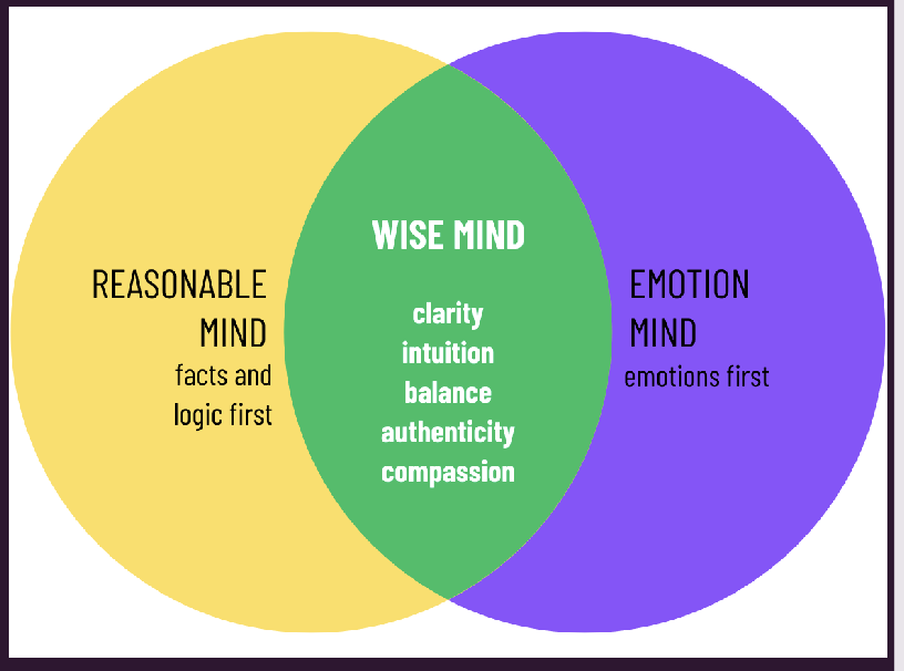 <p>Wise Mind Skill</p><p><span style="font-size: calc(var(--scale-factor)*20.18px);">The “minds” are our ways of thinking &amp; influences how we make decisions</span></p><ul><li><p>Different kinds of minds we have </p></li></ul><ul><li><p><span style="font-size: calc(var(--scale-factor)*18.02px);">Based in logic or facts </span></p><ul><li><p><span style="font-size: calc(var(--scale-factor)*18.02px);">Reasonable mind</span></p></li></ul></li><li><p>Based in feelings </p><ul><li><p>Emotion mind (rash, impulsive, based on what feeling at that time)</p></li></ul></li></ul><p><span style="font-size: calc(var(--scale-factor)*20.18px);">Focusing on 1 over the other prevents effective judgement</span></p><ul><li><p>Need to have both of these minds on board </p></li></ul><p>Be mindful when making choices</p><ul><li><p>Gather facts</p><ul><li><p>Activating reasonable mind </p></li></ul></li><li><p>Identify &amp; attend to emotions</p><ul><li><p>What are emotions trying to tell them </p></li></ul></li><li><p>Consider values/goals</p><ul><li><p>Is decision inline with/goals &amp; values </p></li></ul></li><li><p>Integrate the reasonable mind &amp; emotion mind</p><ul><li><p>To try to come to wise mind decision</p></li></ul></li></ul><p></p>