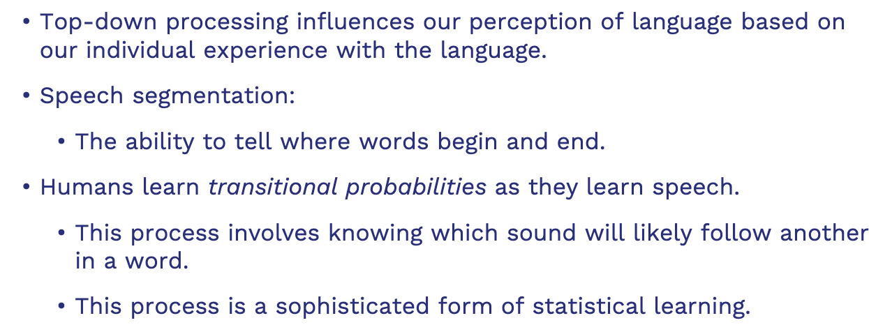 <p>influences perception of langauge based off of our individual experience</p><ul><li><p>speech segmentation: the ability to tell where words end and begin</p></li><li><p>humans learn transitional probabilities as they learn speech (this is when they can predict which sound will follow another in a word)</p><ul><li><p>this process is a sophisticated form of statistical learning (conditional probabilities)</p></li></ul></li></ul><p></p>